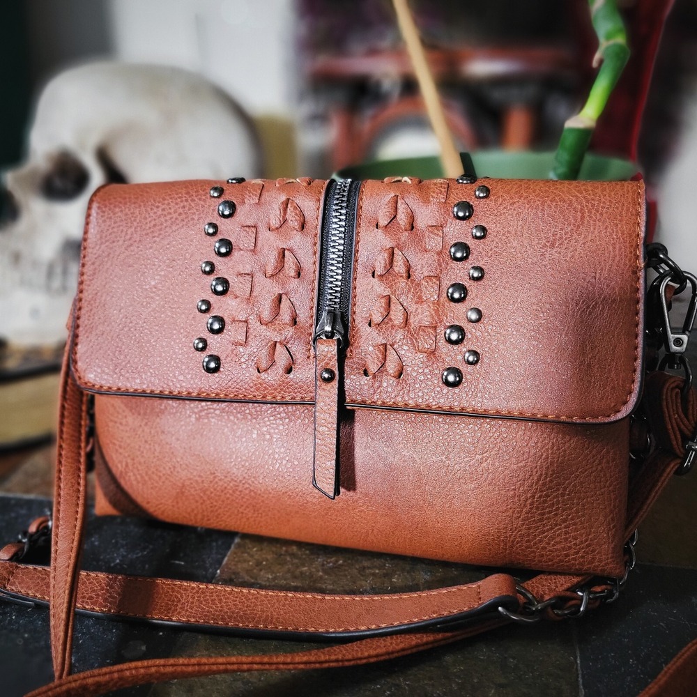 Sam & Hadley‎ Crossbody Bag Brown Faux Leather Studded Western Boho Purse Small